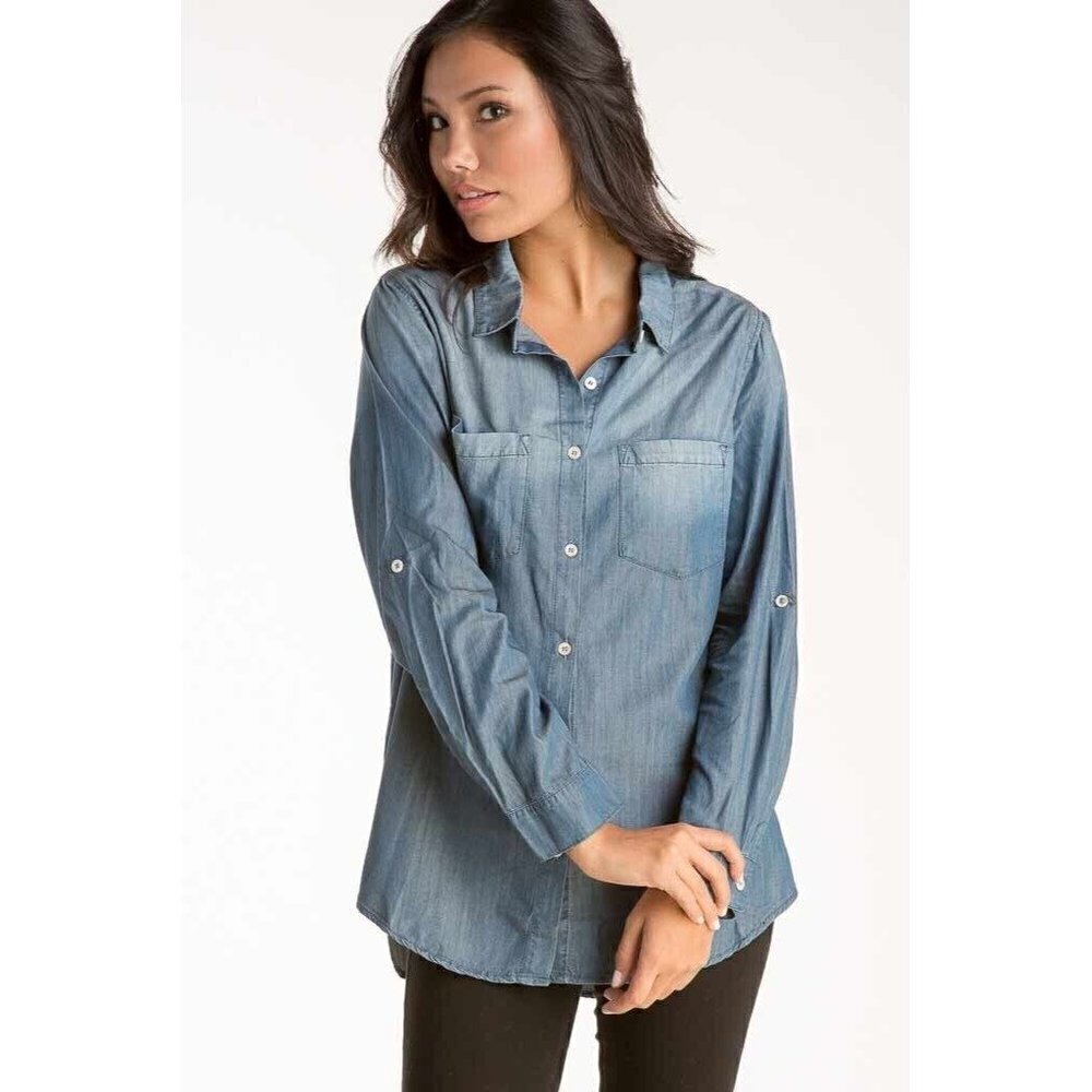 NEW Denim by Ellison Chambray Denim Button Front Shirt Roll Tab Blue Womens Sz S